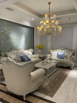 Prancūzijos šviesos prabangos odos sofos, villa neoklasikinis prabanga kambarį dydžio paprasta Europos stiliaus medžio masyvo raižyti baldai